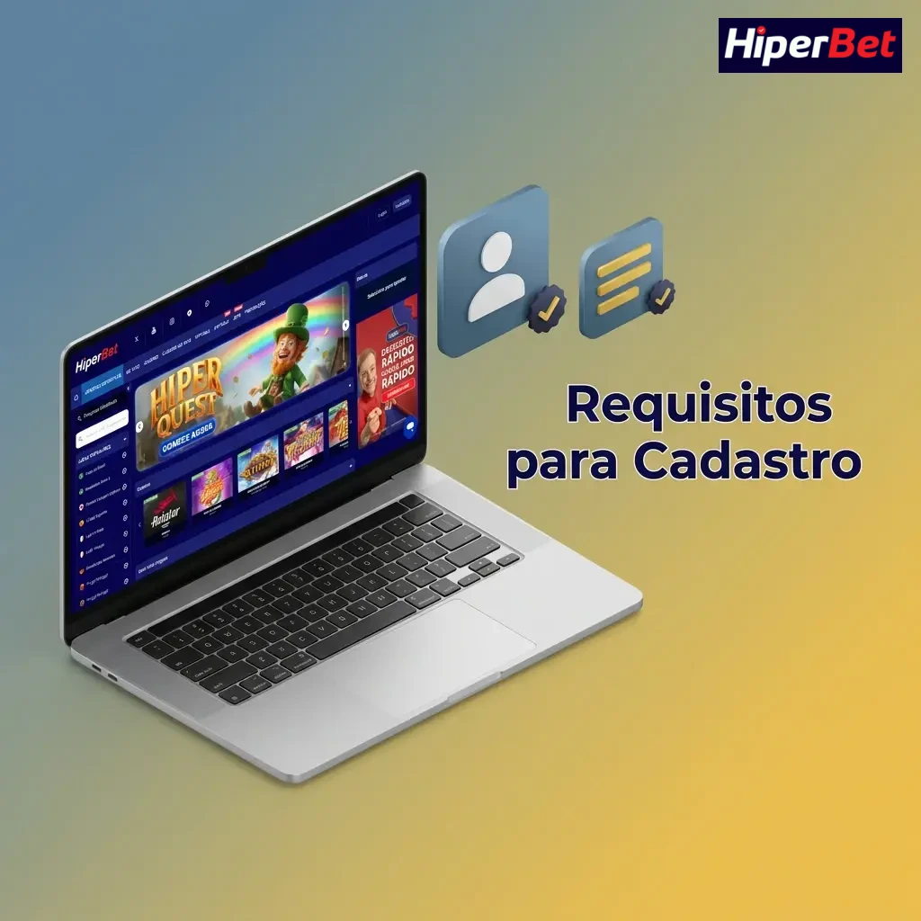 Ilustração dos requisitos de cadastro: 18+, dados reais (CPF), verificação de identidade e apenas uma conta por pessoa.