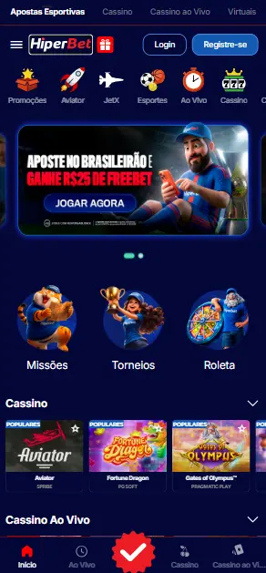 Interface do aplicativo móvel Hiperbet.