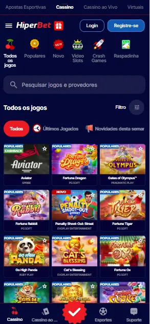 Interface de jogo no aplicativo móvel Hiperbet todos os jogos de cassino.