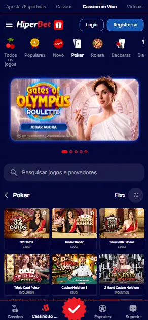 Interface de jogo no aplicativo móvel Hiperbet Cassino ao Vivo.