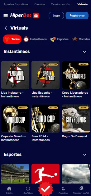 Interface de jogo no aplicativo móvel Hiperbet esporte virtual.