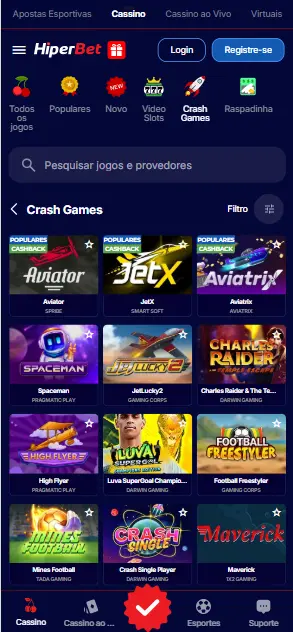 Interface de jogo com falha no aplicativo móvel Hiperbet.